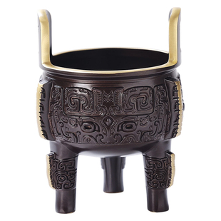 饕餮三足黄铜香炉家用上香沉香熏香炉供奉金沙线香香插盘香座摆件