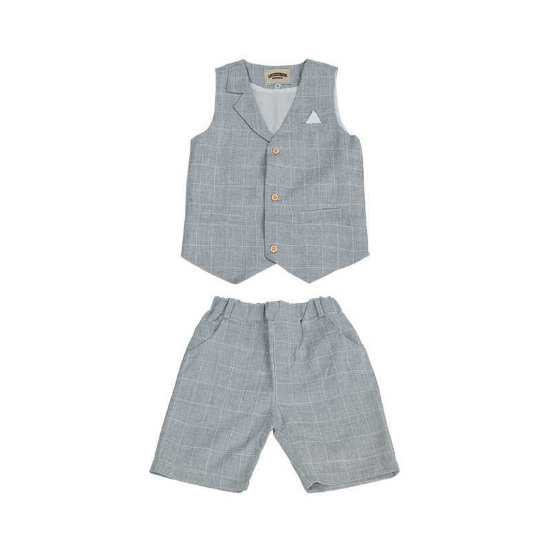 儿童礼服套装男童2023夏季新款粉色格子马甲三件套六一合唱演出服