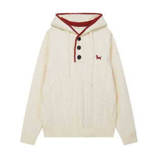 BIPOLAR小狗绣标拼色绞花连帽针织衫休闲宽松上衣百搭毛衣情侣款