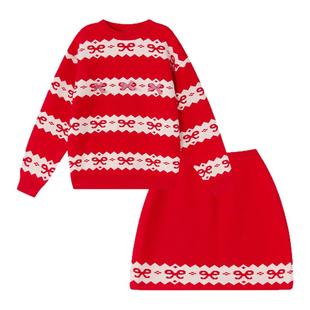 笛莎童装女童针织套装冬季新款儿童女孩中童毛衣半身裙红色新年服