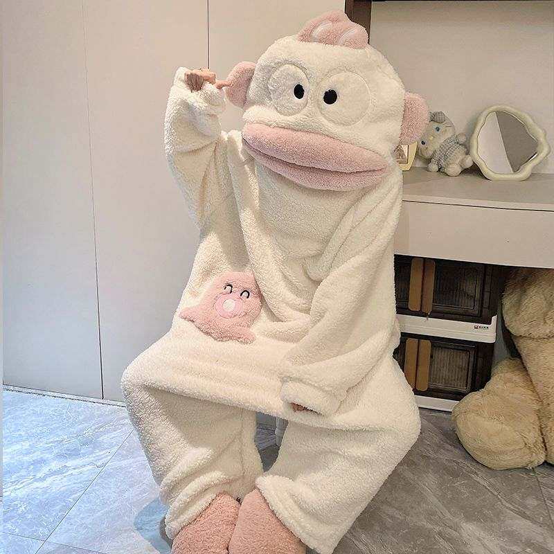 丑鱼连体睡衣女珊瑚绒秋冬季加厚保暖搞怪卡通睡袍男大嘴鱼可外穿