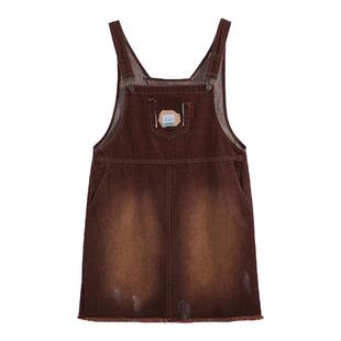 棕色牛仔背带裙女夏季大码胖mm宽松显瘦减龄百搭小个子短款连衣裙