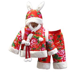 儿童东北大花布套装女宝宝加绒加厚过年服女童花袄拜年服棉袄唐装