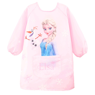 儿童画画罩衣女童围裙中长款长袖防水艾莎公主宝宝吃饭围兜反穿衣