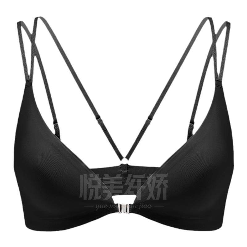 大码前扣内衣女胖mm无钢圈三角杯美背文胸夏季薄款黑色性感细肩带