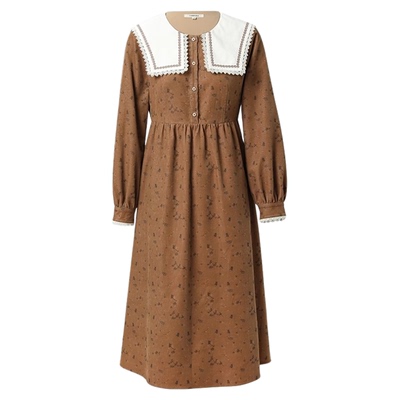 【甜美碎花连衣裙】Famecoco复古田园风撞色娃娃领长裙FAB6FA023