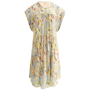 COCOBELLA沙滩印花连衣裙女春夏度假风珠饰镶边温柔雪纺裙FR35