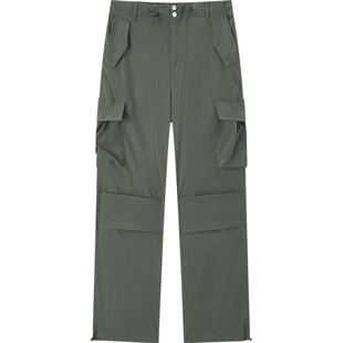 爱居兔秋季深绿色复古时尚降落伞库阔腿裤