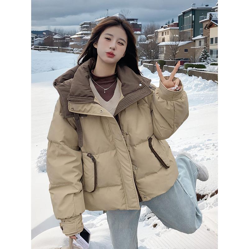 300斤大码女装胖mm韩系设计感棉服女新款拼接卡其色加厚冬装外套