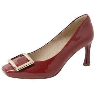 百田森红色婚鞋女新款新娘鞋子女鞋配裙子牛漆皮方扣单鞋子