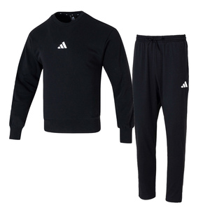 阿迪达斯套装男官网正品黑色休闲运动圆领卫衣长裤跑步两件套男