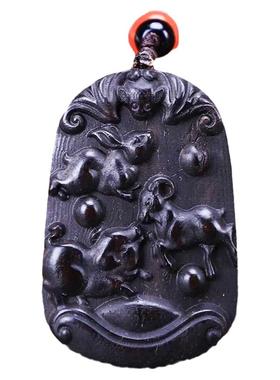 檀木三合吊坠亥卯未转运牌猪兔羊