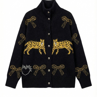 周里物/黑色开衫女2025秋季新款双豹提花立领宽松通勤风针织外套