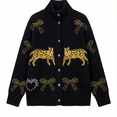 双豹提花立领宽松通勤风针织外套