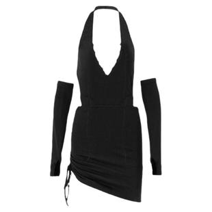 辣妹皮草内搭欧美辣妹暗黑系时尚袖套系带挂脖低胸露背套装连衣裙