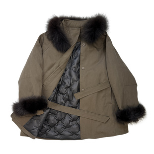 休闲百搭气质减龄中长款大衣可拆卸狐狸毛系带收腰羽绒内胆外套女
