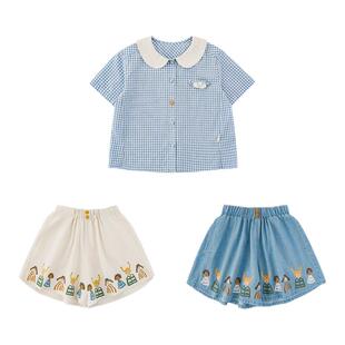 幼悠女童套装儿童夏季蓝白格短袖衬衫卡通A字裙裤校园风两件套潮