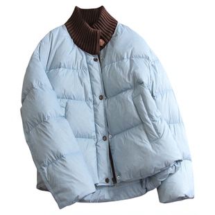 撞色针织拼接立领假两件宽松保暖外套25冬季新款长袖羽绒服女M949