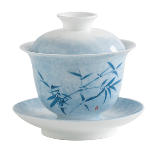 叁旬手绘青花竹影盖碗单个高档三才泡茶盏带盖茶碗釉下彩茶具茶杯