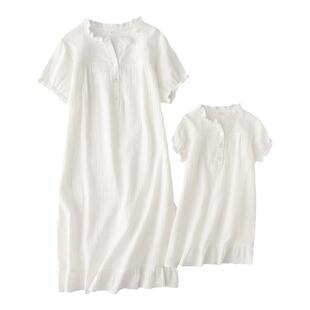 Z春夏亲子母女装女童纯棉纱布短袖睡裙女孩儿童纯白公主睡衣宝宝