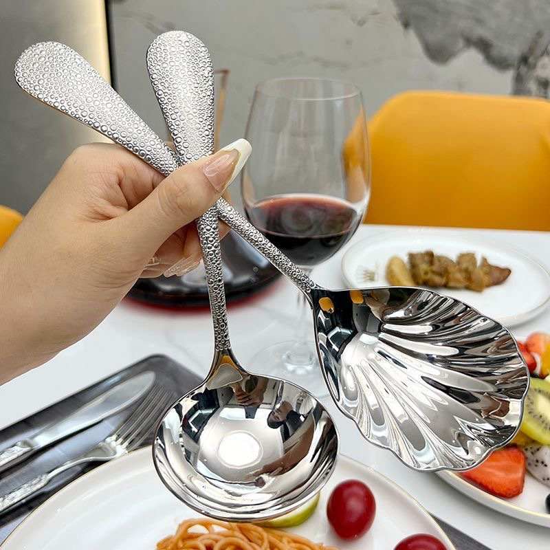 304不锈钢汤勺漏铲酒店用品贝壳公用勺服务分餐锤18/10方头纹铲勺