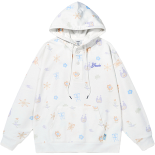 GUUKA潮牌白色半开襟卫衣男款连帽衫 趣味满印重磅纯棉落肩上衣女