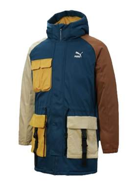 PUMA彪马撞色连帽中长款羽绒服