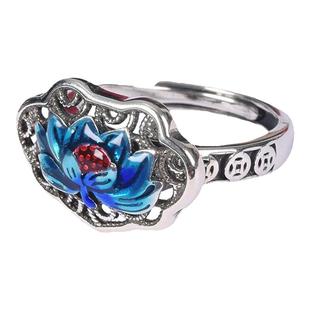 招财转运S925纯银珐琅烧蓝彩色如意锁莲花戒指复古国潮女款可调节