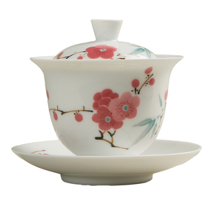 盖碗茶杯茶碗景德镇青花瓷釉下五彩翠竹红梅三才盖碗茶杯