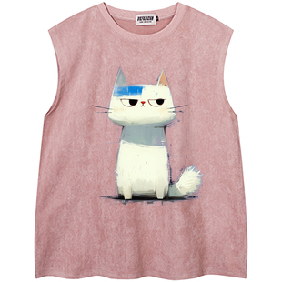 From Mars 高冷小猫 日系可爱印花甜酷风背心运动宽松男女无袖T恤