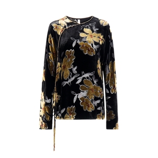 naivee纳薇2025秋冬新中式真丝衬衫丝绒烧花斜襟长袖上衣女老钱风