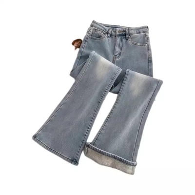 浅色加绒微喇牛仔裤女小个子九分显高显瘦2025秋冬新款爆款喇叭裤