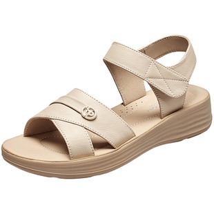 意尔康女鞋女士夏天真皮舒适坡跟妈妈凉鞋软底外穿中老年母亲老人