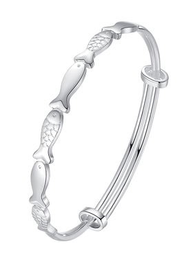 彩云泰足银9999年年有鱼纯银手镯女可调节推拉银镯子送女友送闺蜜