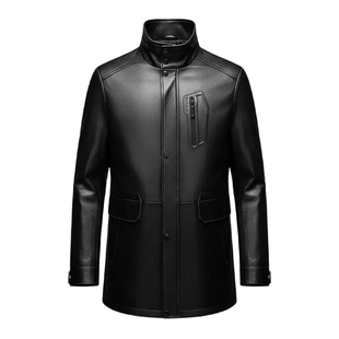 狄斯仑高端头层牛皮立领皮衣男士可脱卸内胆中长款真皮羽绒服外套