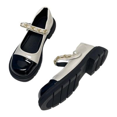 拼接仙女一字带圆头厚底乐福鞋