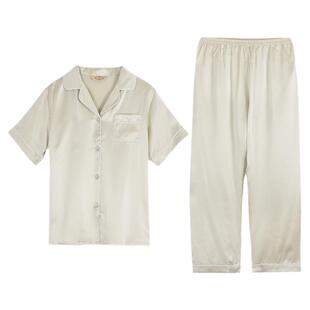 美标真丝睡衣情侣19姆米重磅100%桑蚕丝套装短袖长裤家居服男女夏