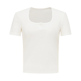 FF仿佛夏季白色U领T恤女短袖修身显瘦时尚休闲设计感