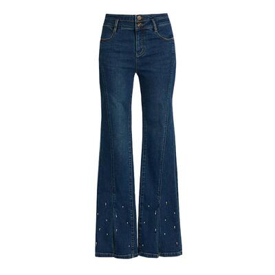 墨蒂珂长款双腰头开叉钉钻牛仔裤