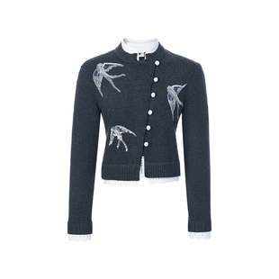 lefame拉飞姆2026春季精致华丽燕子绣斜门襟针织开衫短上衣女显瘦