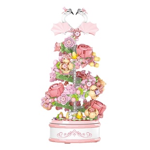 儿童益智力拼装天鹅积木花旋转音乐盒模型女孩子玩具拼图组装礼物