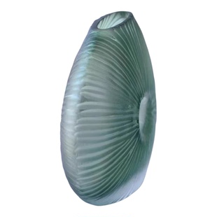 新中式手工摹刻淡绿松岩涧石色玻璃花瓶扁形家居摆件干枝腊梅花器