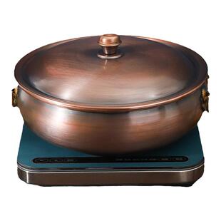 特厚铜火锅纯手工家用电磁炉燃气鸳鸯纯铜锅复古平底火锅熬汤铜盆