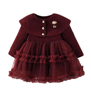 1一3岁女童裙子冬装2025新款儿童女款连衣裙加绒红色公主云肩纱裙
