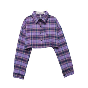 复古港味chic格子长袖衬衫女2023早秋新款百搭宽松短款显瘦上衣