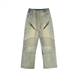 2727WORLD 翼赛风琴褶黄泥染牛仔裤 美式复古街头国潮流休闲