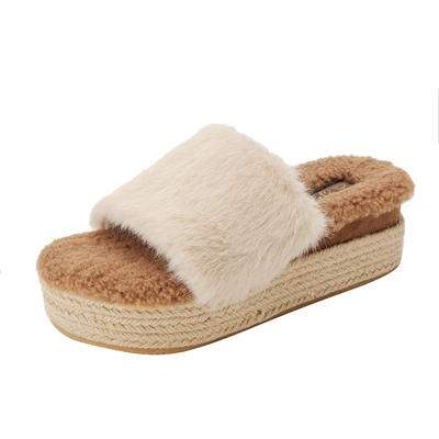 厚底增高一字毛毛休闲拖鞋女外穿