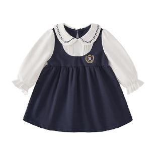 [7A抑菌]女童秋季连衣裙小童假两件裙子甜美宝宝秋装时髦儿童裙子