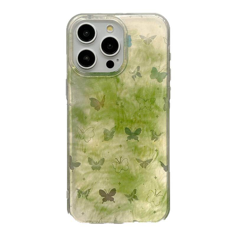 韩系小清新绿色晕染渐变蝴蝶适用苹果17手机壳iPhone16ProMax新款15pro防摔13女款12双层14pro带挂绳全包软壳