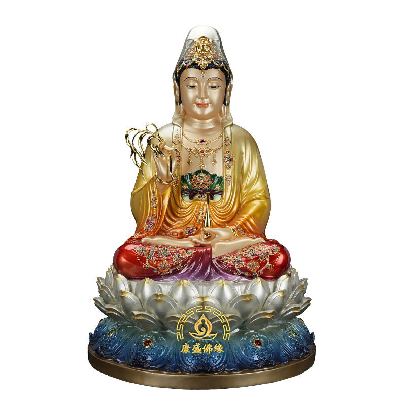 铜彩绘娑婆三圣佛像家用客厅摆件